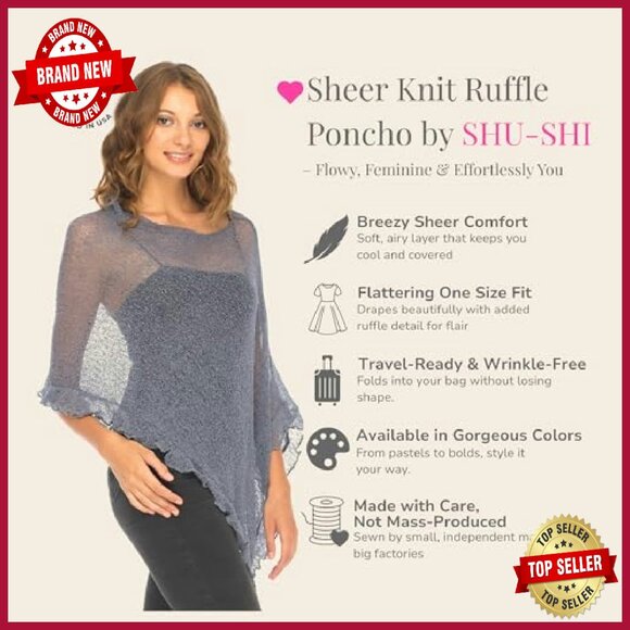 Lightweight Sheer Knit Poncho Shrug Pullover Sweater Top One Size - Picture 3 of 8